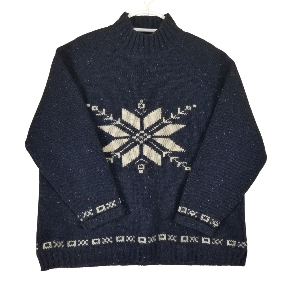 Eddie Bauer Sweater Men‎ XL Navy Blue Wool Snowflake Donegal Fleck Mock Neck